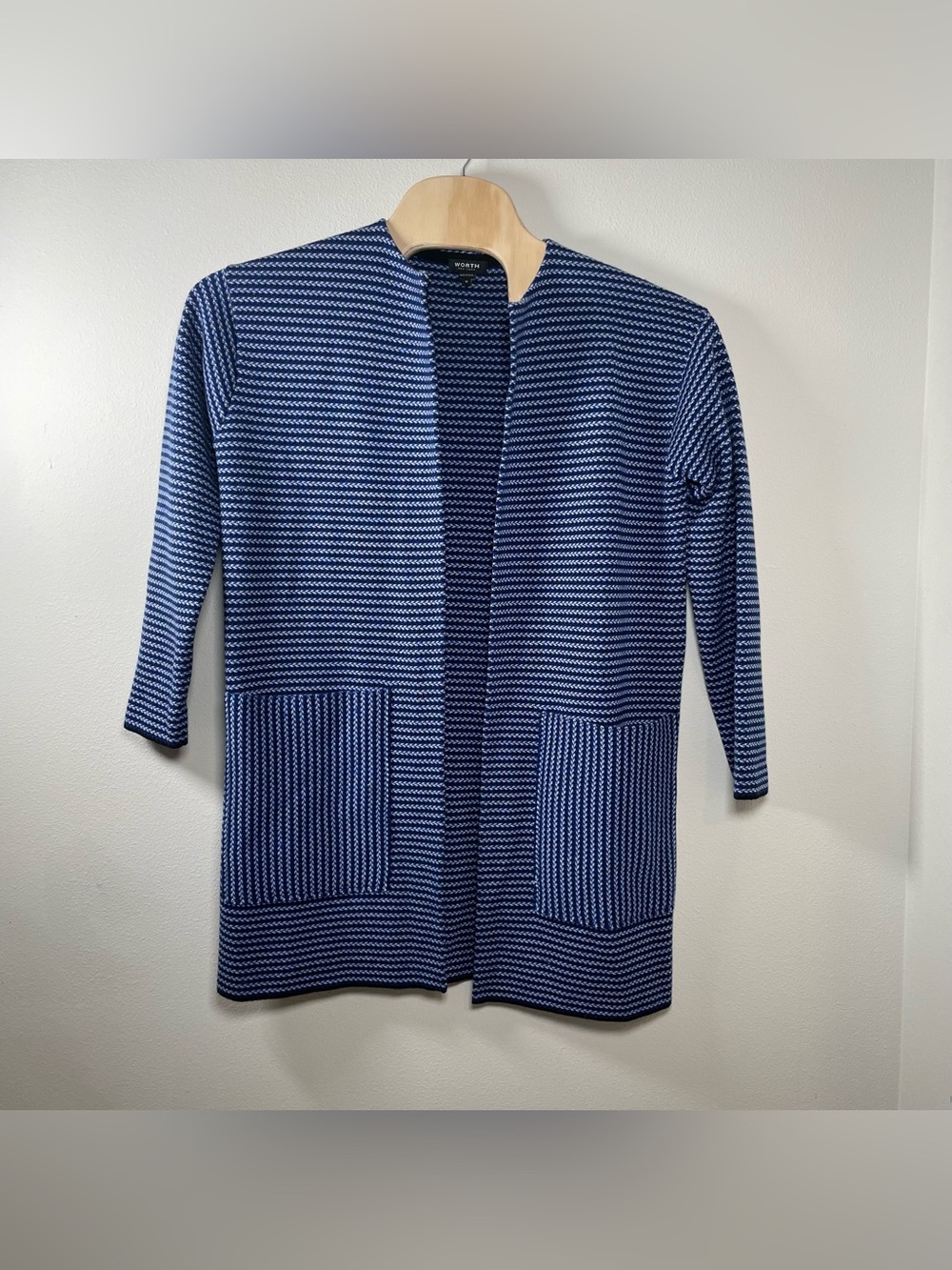 Worth New York Blue Knit 100% Wool Open Cardigan Sweater M Timeless Quiet Luxury
